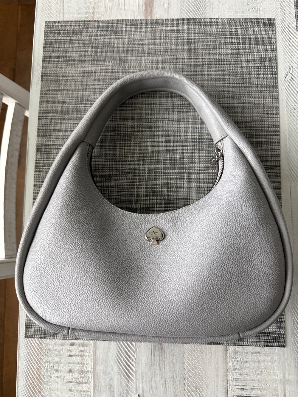 Kate Spade large crescent shoulder Kayla pebbled leather light gray like new!